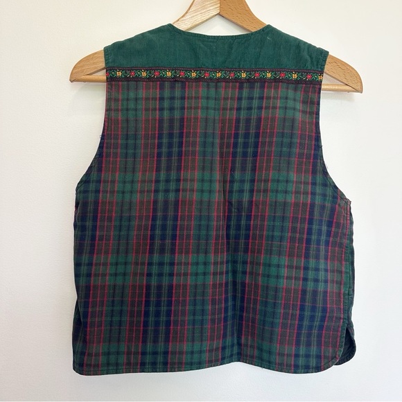 Vintage Plaid Floral Button Up Vest Green Red Blue Flowers Cotton Pockets Small - Picture 2 of 6